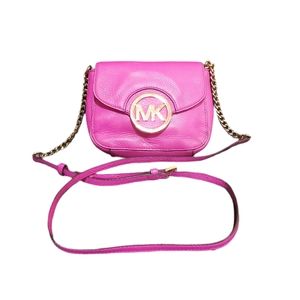 Michael Kors Hot Pink Fulton Pebbled Leather Crossbody Purse Small